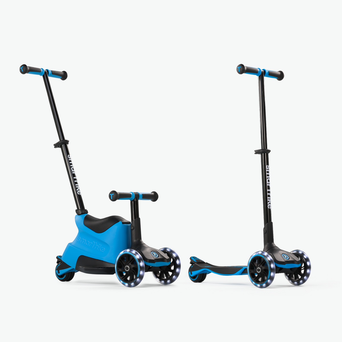 Blue smarTrike Xtend Ride-on scooter with two riding modes, featuring a sturdy design and adjustable handlebars for kids.