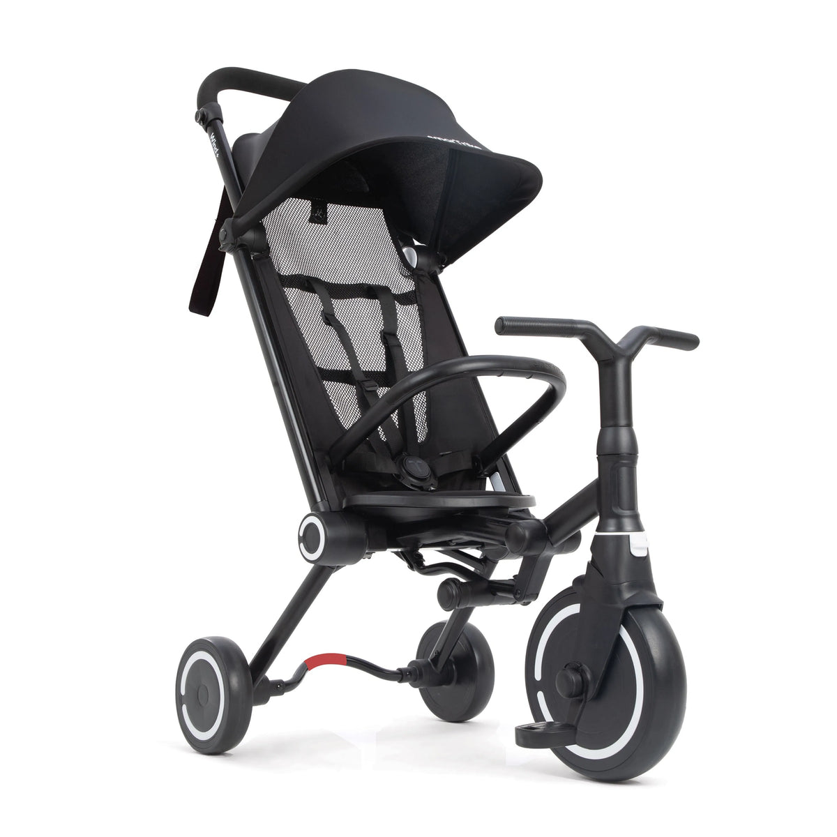 Smartrike Wind+ stroller in navy blue with adjustable canopy and safety harness, suitable for toddlers.
