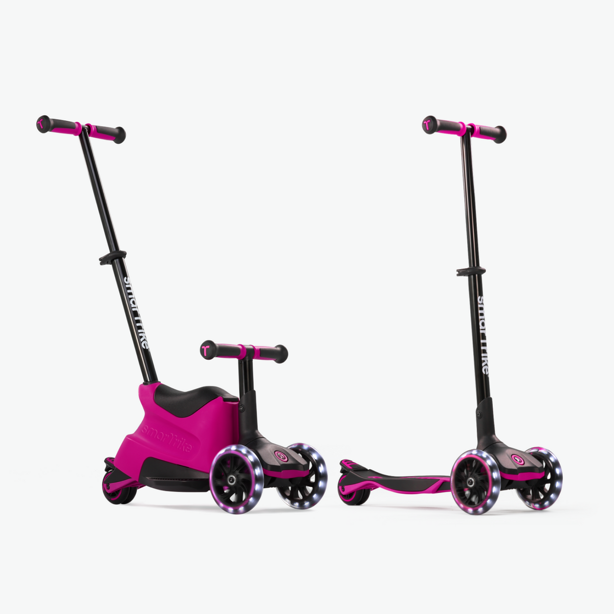 Pink smarTrike Xtend Ride-on scooter with two riding modes, featuring a sleek design and adjustable handlebars for young children.