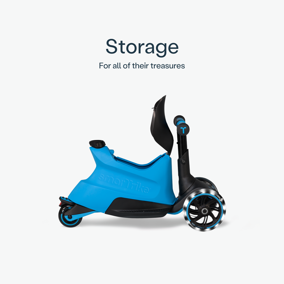 Blue SmarTrike Xtend Ride-on scooter with storage compartment, designed for young children to ride and learn balance.