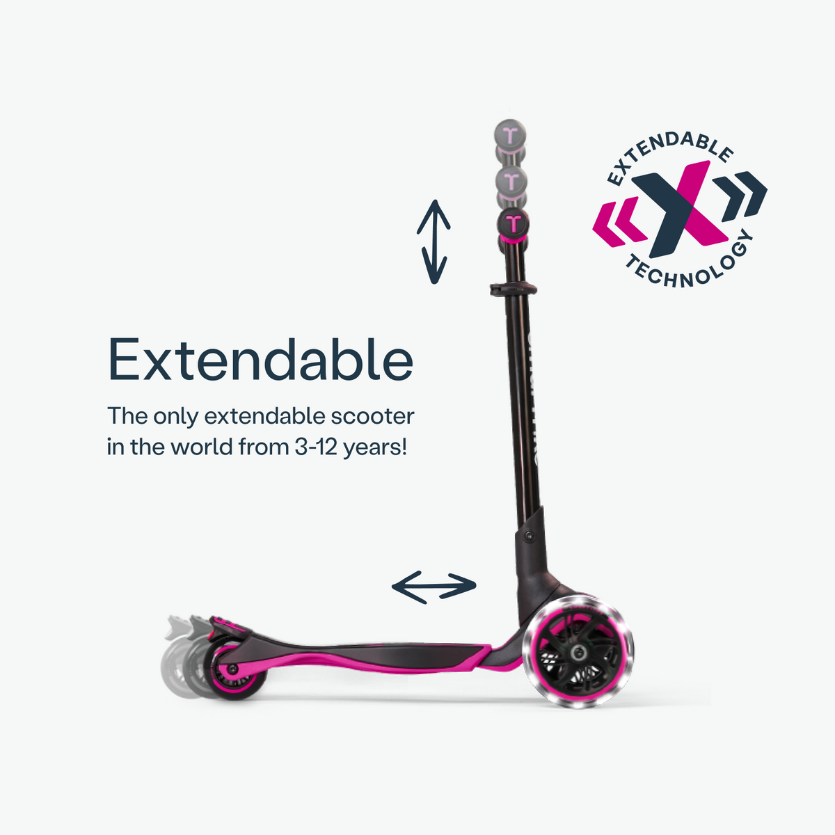 Pink smarTrike Xtend Ride-on scooter with extendable seat and handlebars for kids, designed for fun and easy riding.