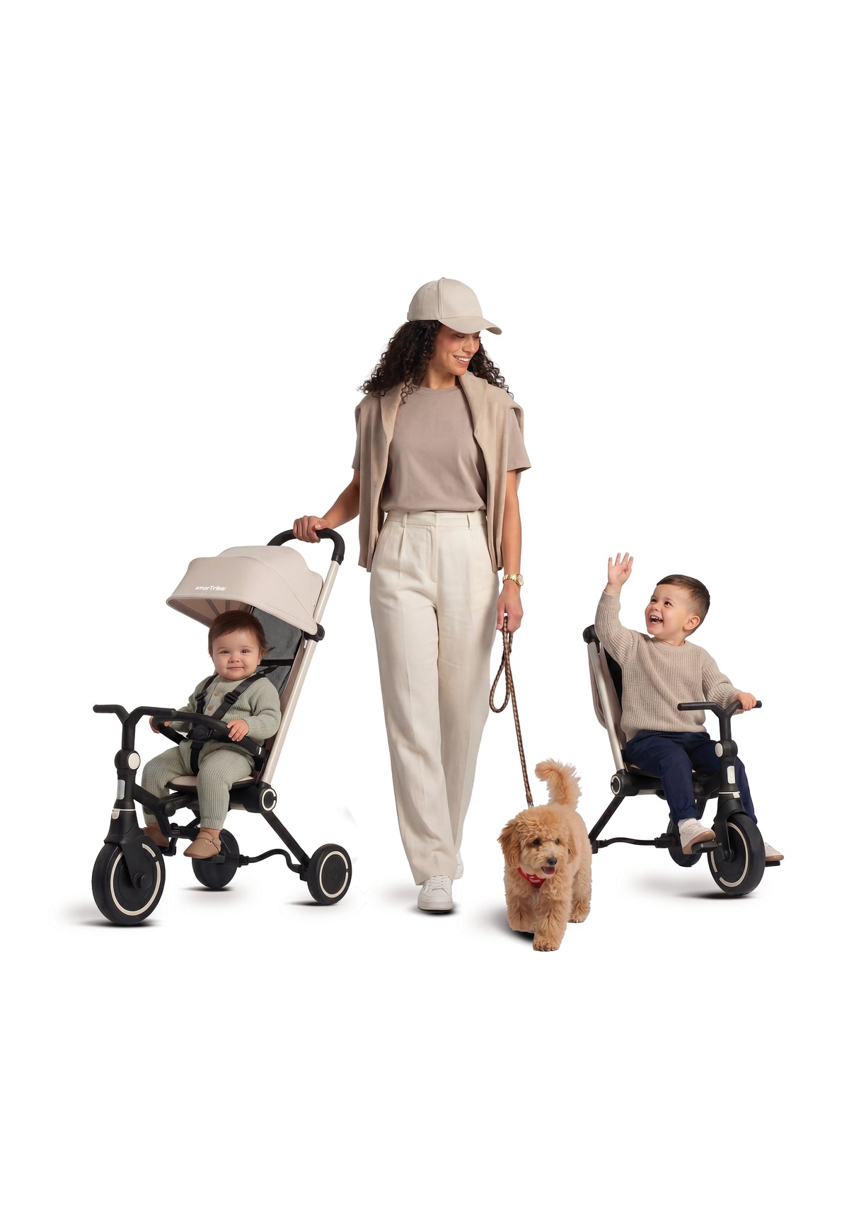 A parent with two children, one in a Wonder in stroller mode and one riding